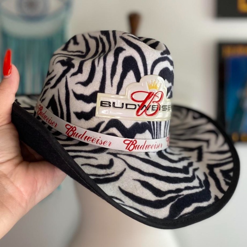 vintage authentic Budweiser, zebra cowboy hat